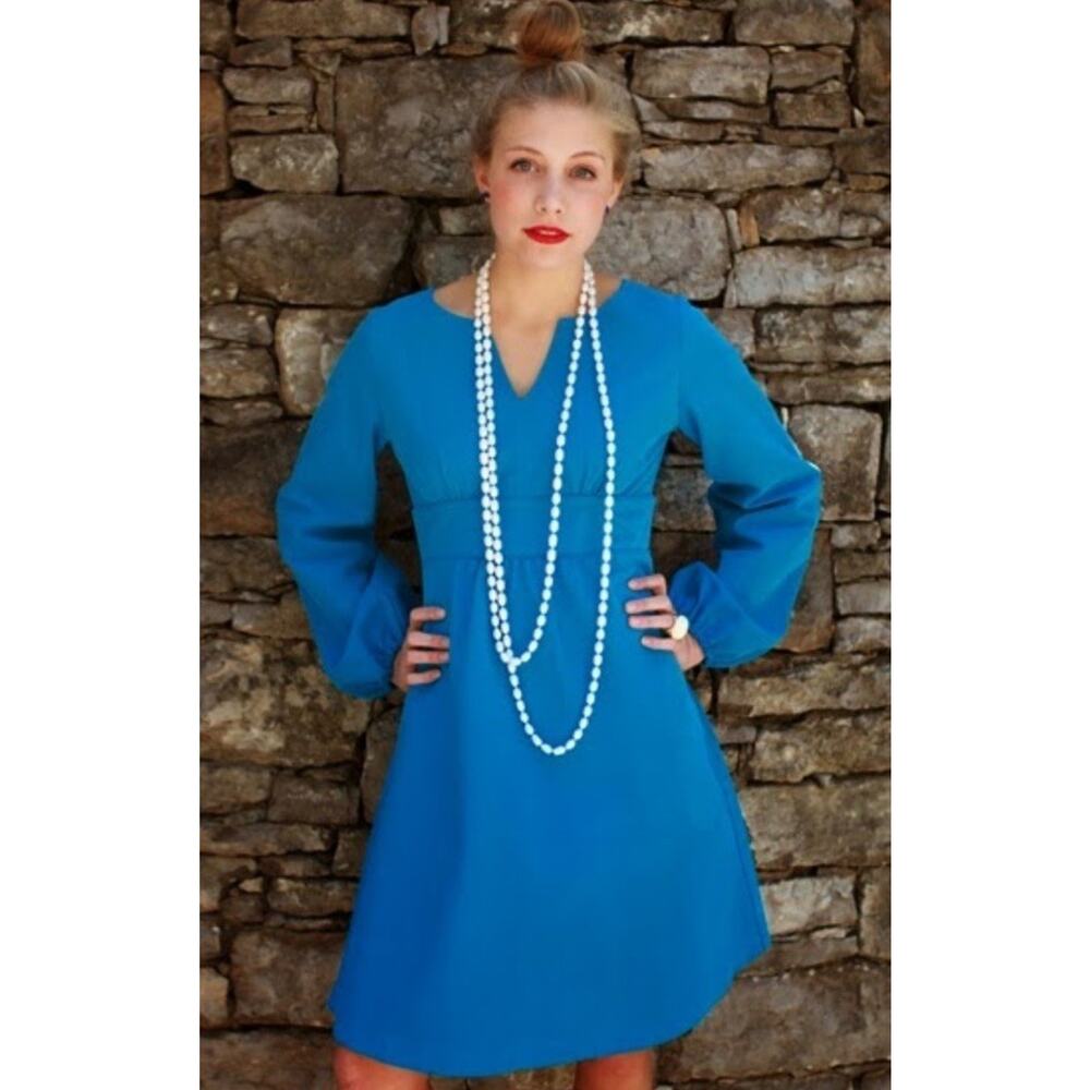 Kayce Hughes Women’s Size 2 Bright Solid Blue Puffy Sleeve Midi Dress Preppy‎
